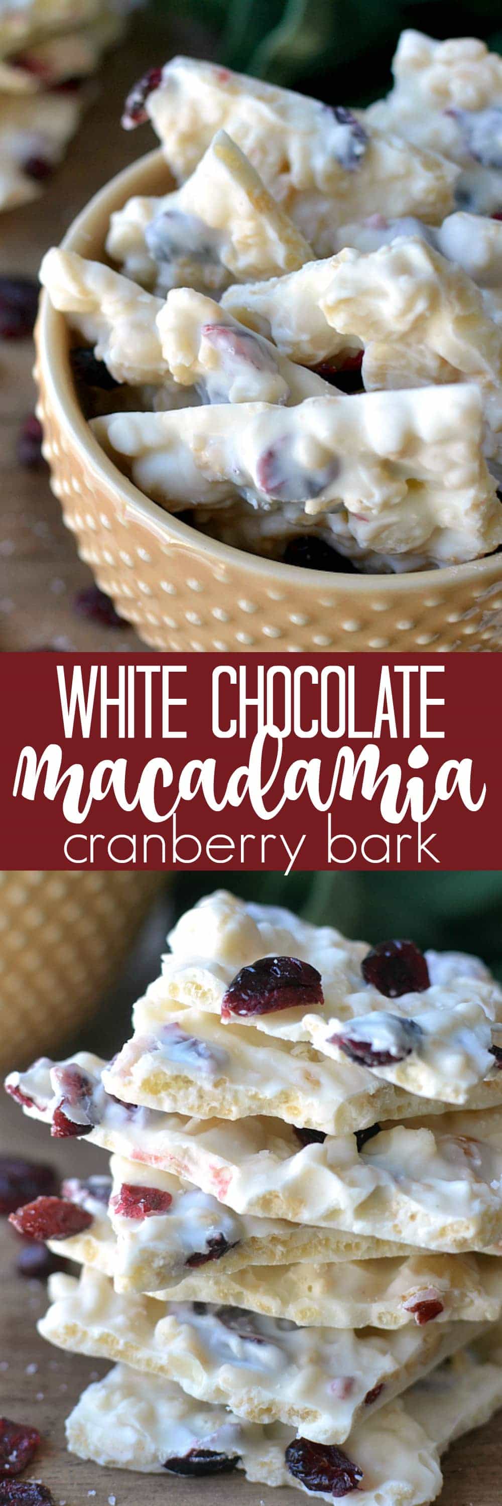 White chocolate, macadamia nuts, and dried cranberries - a classic combination in a crispy bark, finished off with a touch of sea salt. So delicious!