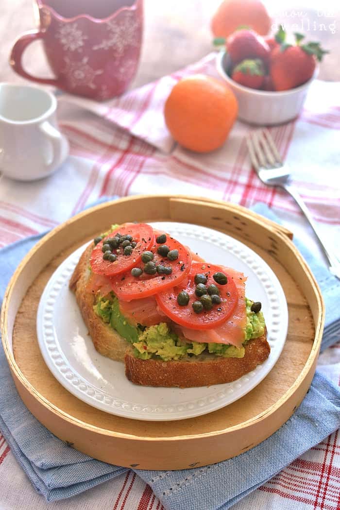 Lox Avocado Toast with tomatoes, capers, and fresh ground salt & pepper - SO yummy!