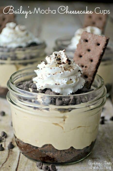 Baileys Mocha Cheesecake Cups are so rich and creamy! These no-bake cheesecake cups are flavored with Bailey's Irish Cream and a coffee liqueur infused chocolate graham cracker crust.