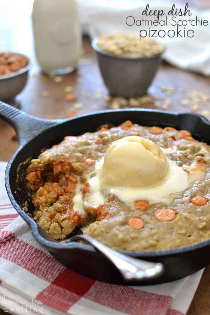 An Oatmeal Scotchie Pizookie is a deep dish decadent dessert everyone can enjoy! This lightened up version is a perfect hot dish for those cold winter nights, reminiscent of a warm oatmeal cookie!