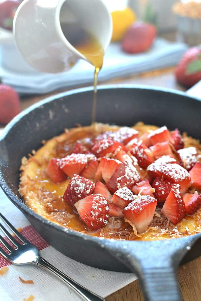 Strawberry Coconut Skillet Pancakes - made in the oven and perfect for feeding a crowd or enjoying all on your own!