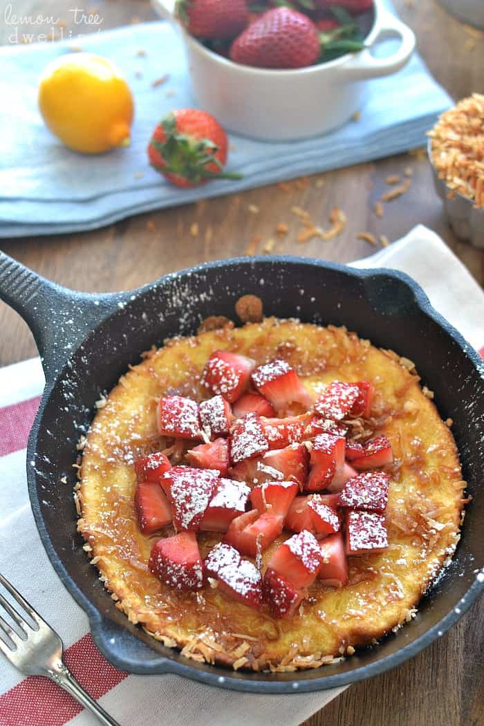 Strawberry Coconut Skillet Pancakes - made in the oven and perfect for feeding a crowd or enjoying all on your own!