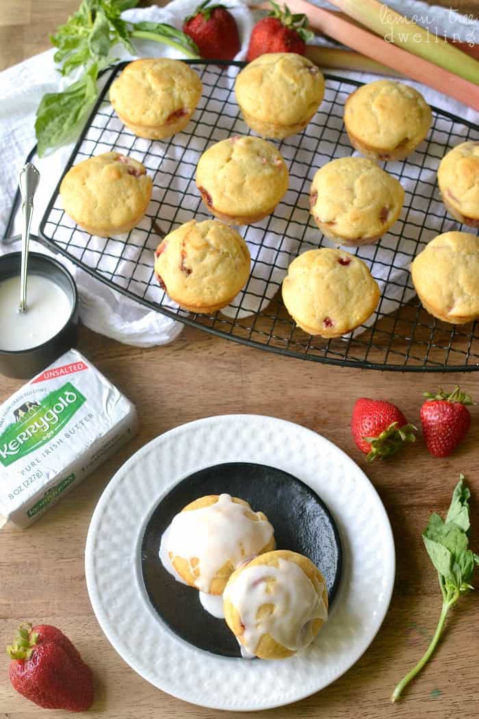 Strawberry Rhubarb Muffins with Sweet Basil Glaze. PERFECT for summer!