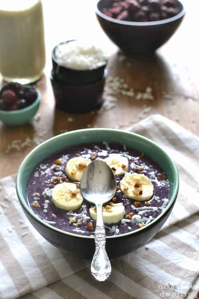 Triple Berry Banana Smoothie Bowl made with Silk Vanilla Soymilk. The BEST breakfast! #ilovesilksoy #ad