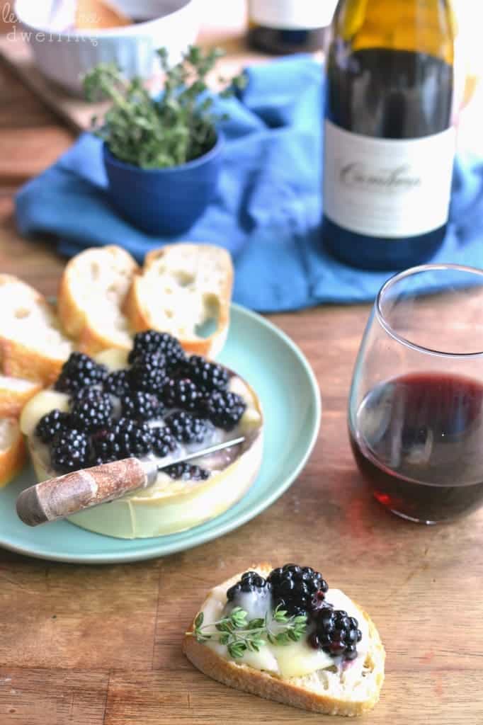 Baked Brie with fresh blackberries soaked in Cambria Julia's Vineyard Pinot Noir - a delicious summer appetizer! #cambriawines #sponsored