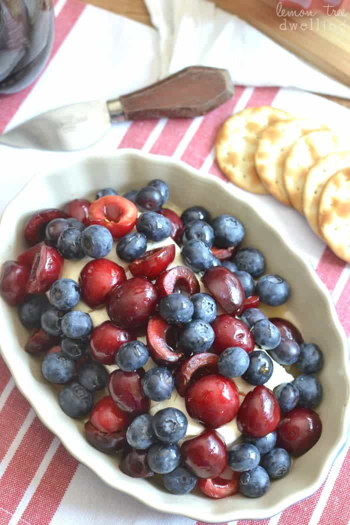 This easy 4-ingredient Berry Cherry Dip pairs perfectly with Menage a Trois wines for all your 4th of July celebrations! #menageatrois #ad