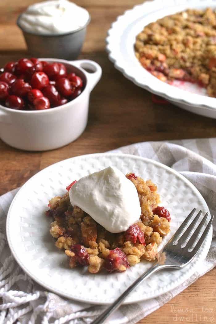  Homemade Cherry Crisp, packed with almonds and topped with a thick layer of crunchy brown sugar streusel. Serve it with homemade amaretto whipped cream for an extra special treat!