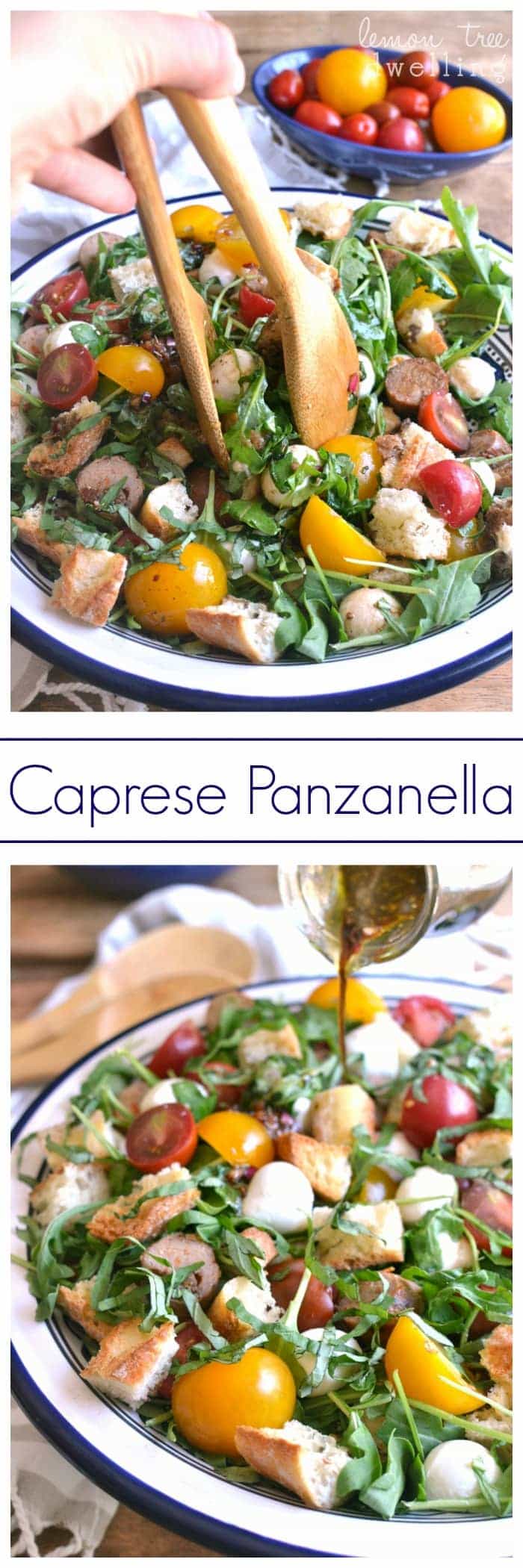 This Caprese Panzanella combines fresh arugula and crusty bread with multicolored tomatoes, fresh mozzarella, Italian sausage, and fresh basil. Drizzle it with homemade balsamic vinaigrette for a light, fresh, flavor-packed summer meal!