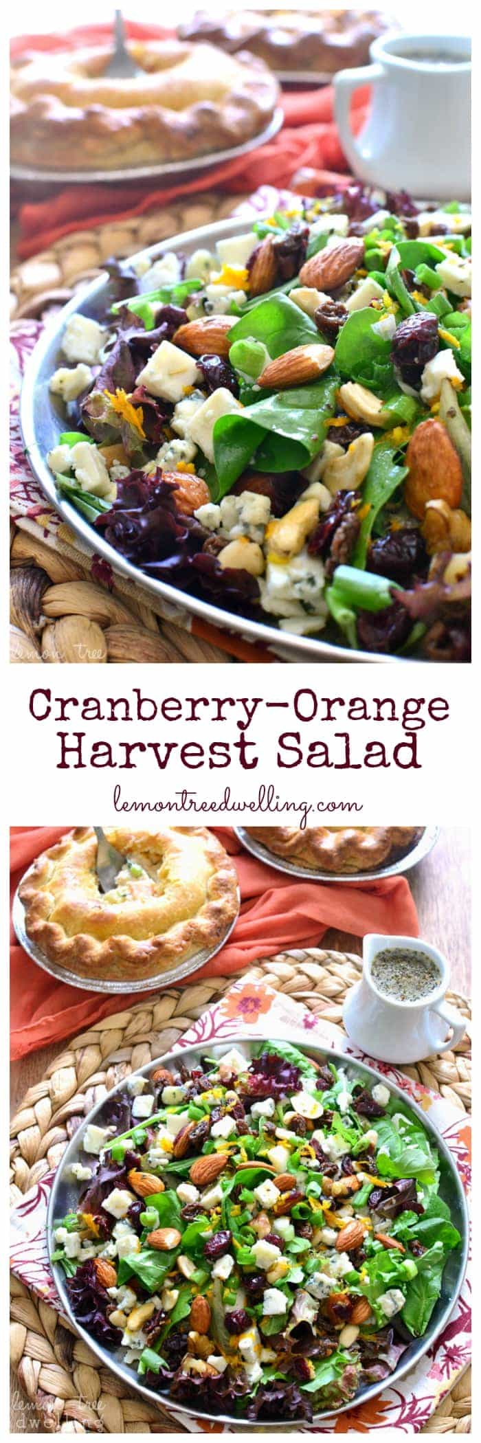 This Cranberry-Orange Harvest Salad combines mixed greens with dried fruit & nuts, gorgonzola cheese, and a zesty orange vinaigrette. It's packed with flavor, perfect for fall, and delicious served with Pick 'n Save Pot Pies! #mypicknsave #spon