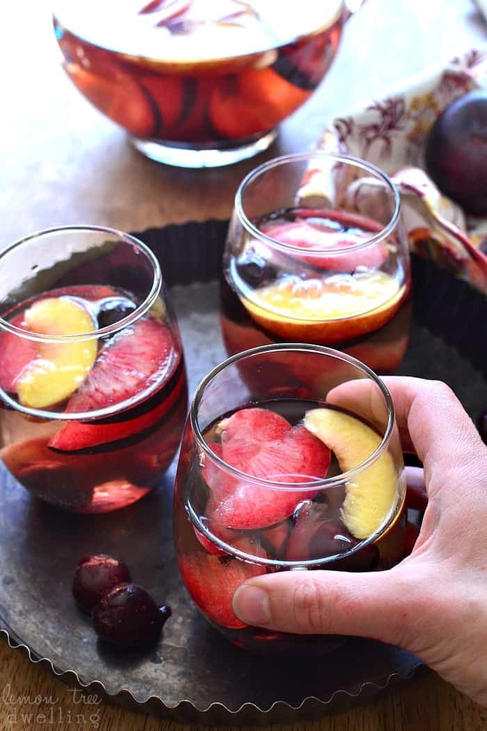  This Plum Sangria is flavored with amaretto and packed with fresh plums, nectarines, and cherries. Deliciously sweet and easy on the eyes....hands down my favorite new sangria!