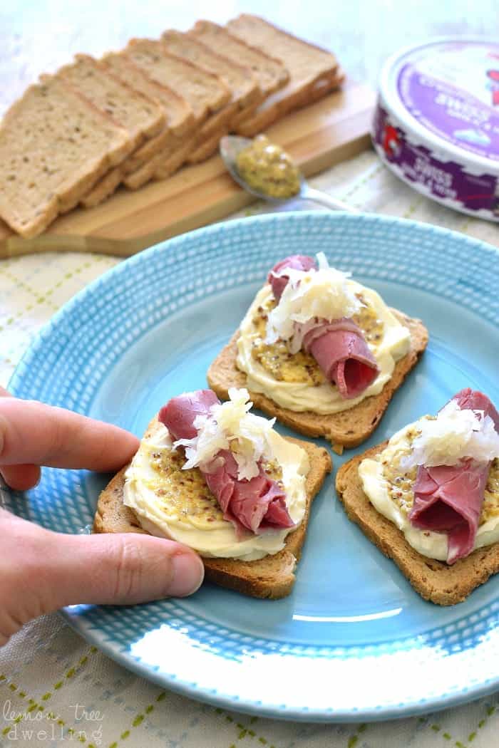 Open-face Reuben Bites made with The Laughing Cow Creamy Swiss Garlic & Herb cheese and all the fixings! 