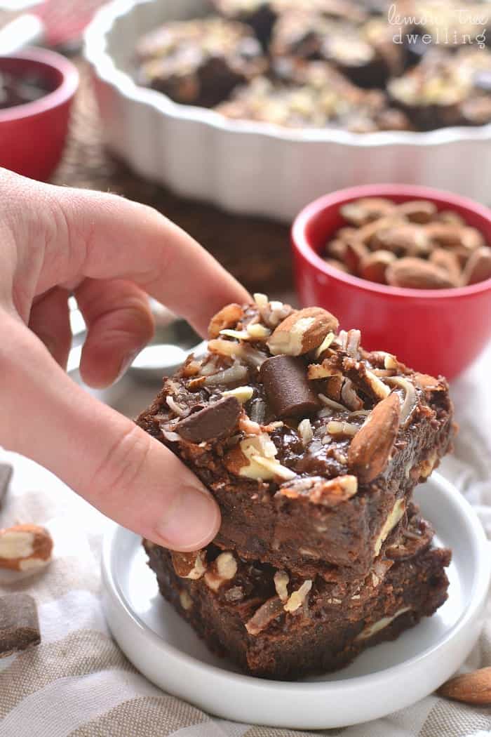 These Almond Joy Brownies are loaded with triple chocolate, coconut, and crunchy almonds. If you love Almond Joys, you will LOVE these brownies!