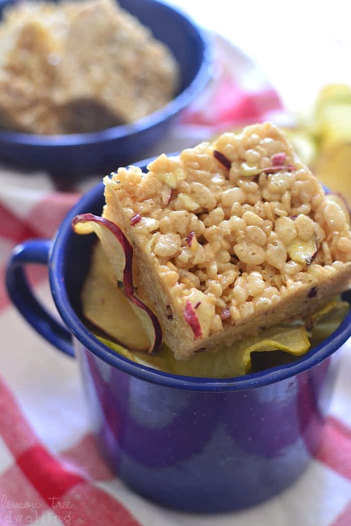 These Apple Cider Krispie Treats are flavored with apple cider mix and real apple chips! Such a delicious fall twist on a classic!