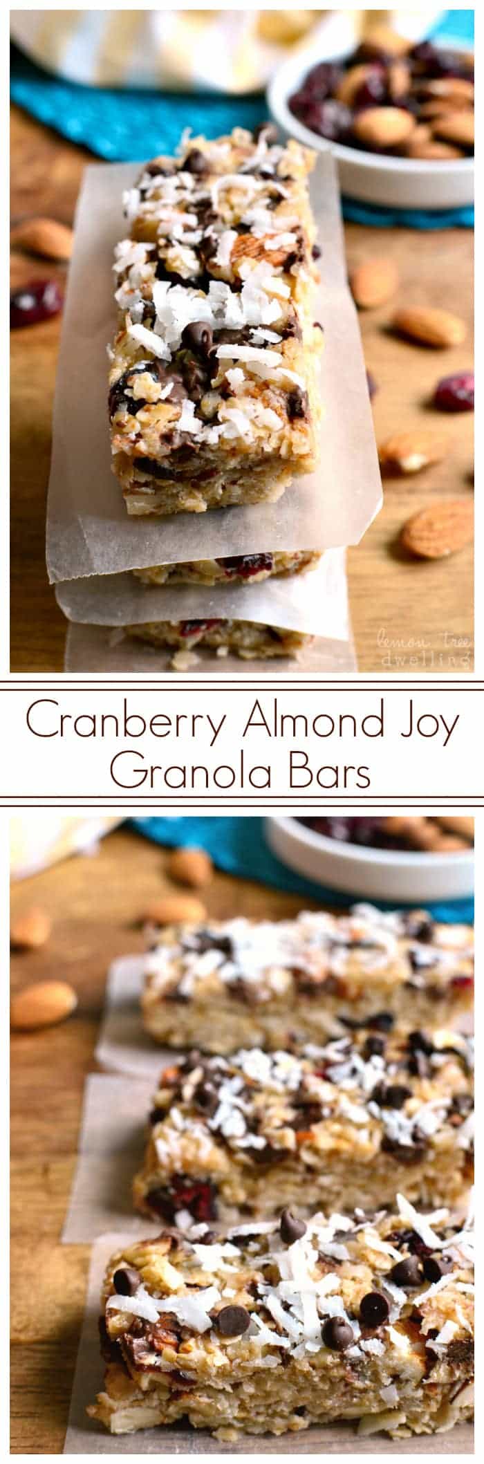 No-Bake Cranberry Almond Joy Granola Bars - sweetened with cranberries, almonds, coconut, and chocolate chips. These bars are perfect for breakfast or snack, and easy to take (and eat) on the go!