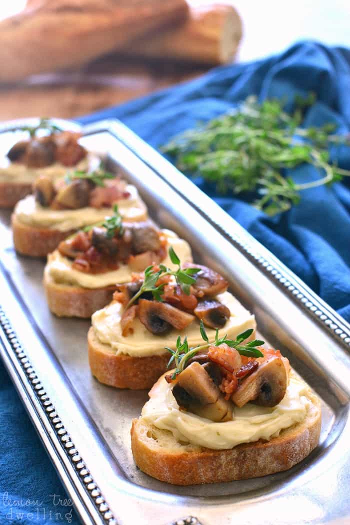  This Mushroom Bacon Swiss Crostini is packed with delicious flavor and so simple to make! The perfect holiday appetizer - it's sure to please a crowd!