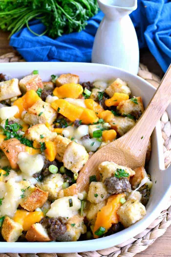  This Poutine Stuffing is packed full of pork sausage and cheese curds and topped with a delicious poutine gravy. It's such a fun twist on a classic - perfect for Thanksgiving!