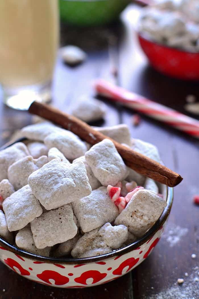  Peppermint Eggnog Muddy Buddies combine two classic flavors in a holiday treat that's as simple as it is delicious! This 5 minute holiday snack is a fan favorite!