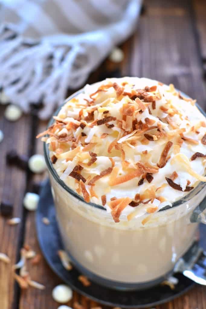  This Coconut White Chocolate Mocha is just like your favorite coffeehouse special! The perfect way to treat yourself....at home!