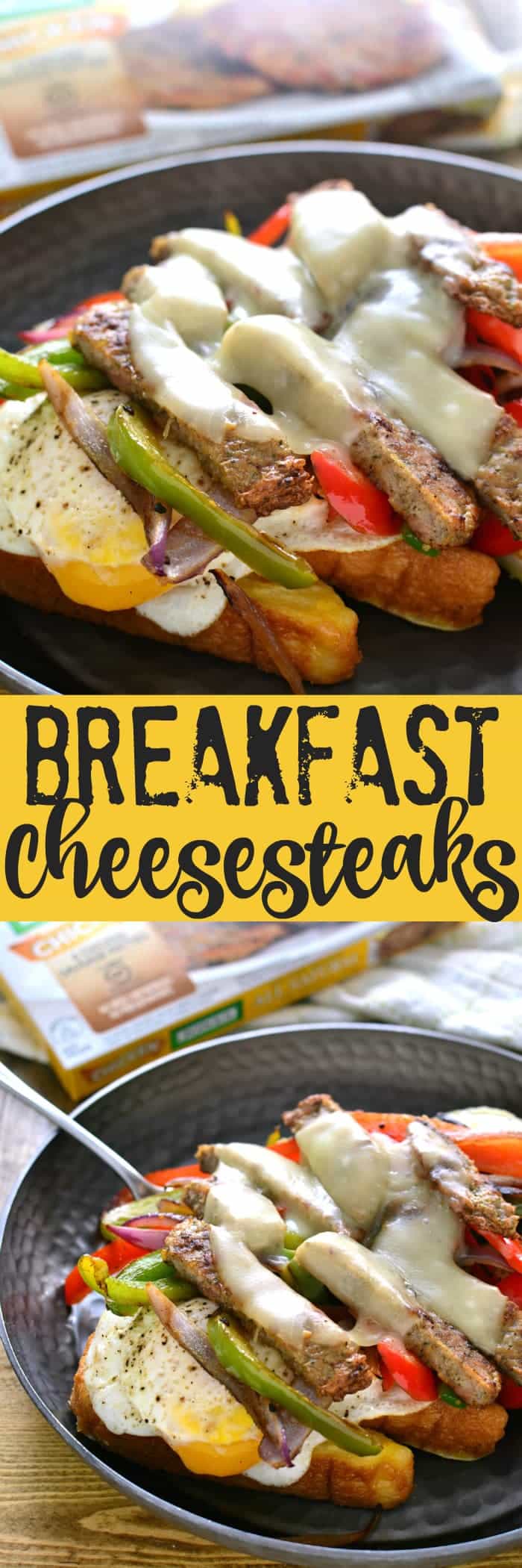 These Breakfast Cheesesteaks are everything you could want in a breakfast sandwich! They start with French toast and are topped with eggs, peppers, onions, cheese, and Jones Dairy Farm Chicken Sausage Patties. Perfect for breakfast, brunch, or brinner!