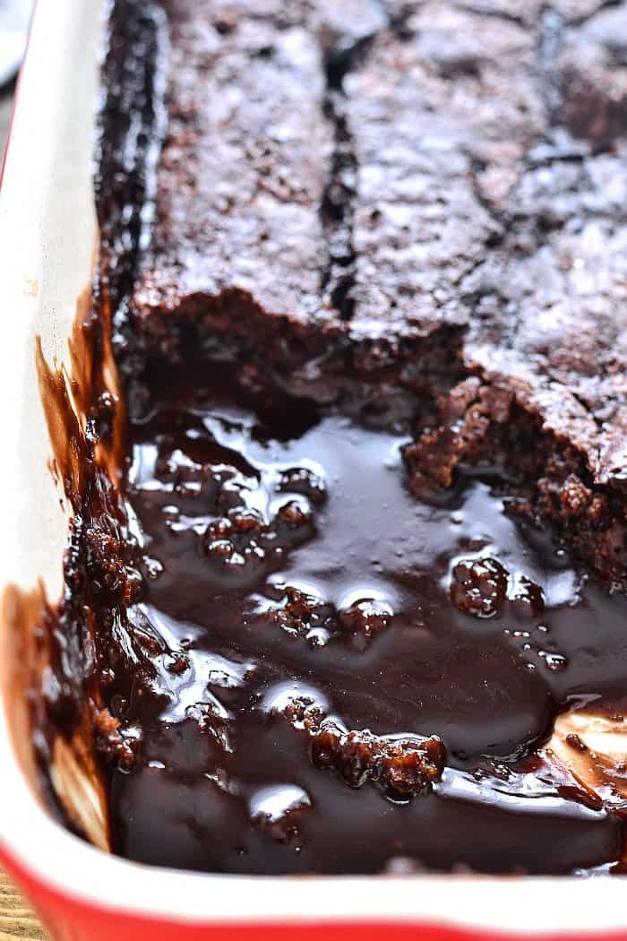 Chocolate pudding cake gooey in pan