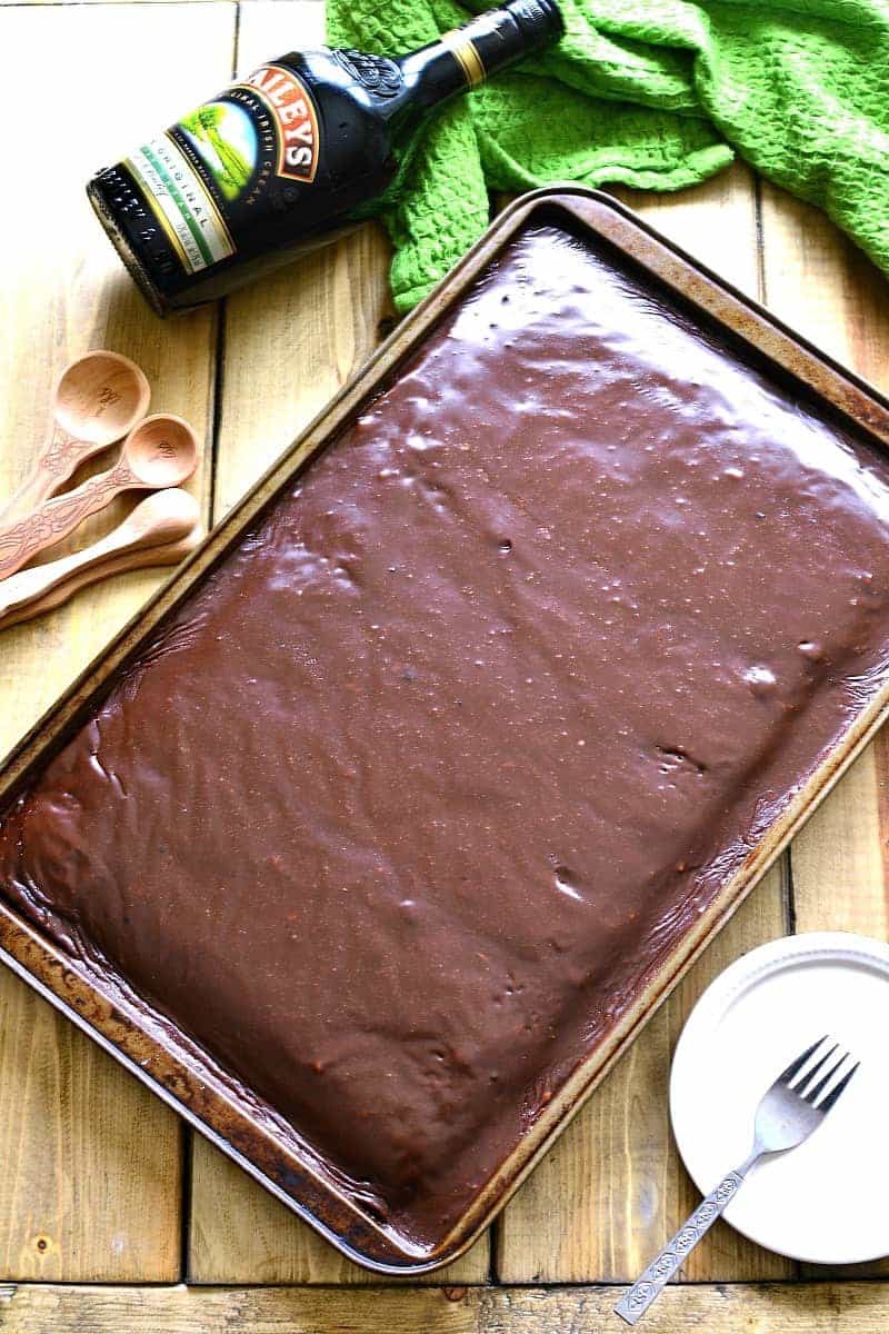 This Baileys Chocolate Sheet Cake has everything you could want - Baileys, chocolate, and cake! It's moist, rich, and packed with delicious Baileys flavor....perfect for St. Patrick's Day or summer picnics! This cake feeds a crowd!