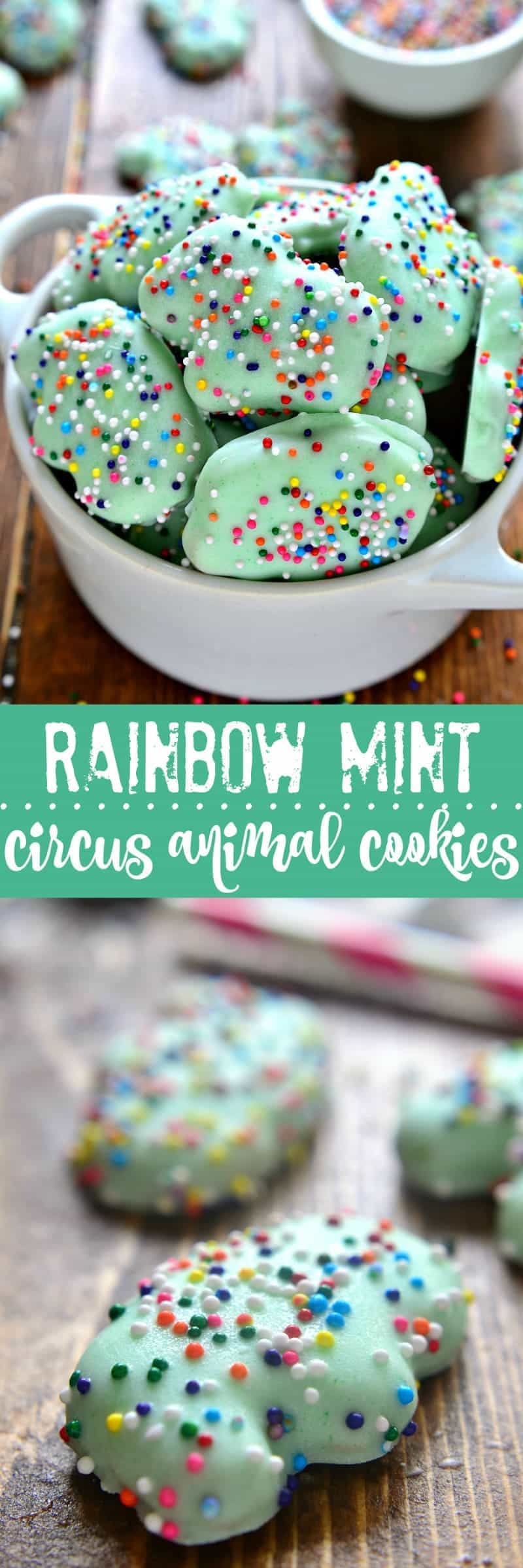 Homemade Mint Circus Animal Cookies with rainbow sprinkles! Perfect for mint lovers, perfect for St. Patrick's Day!