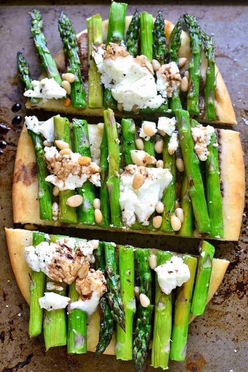 asparagus goat cheese flatbread, cut into 3 slices