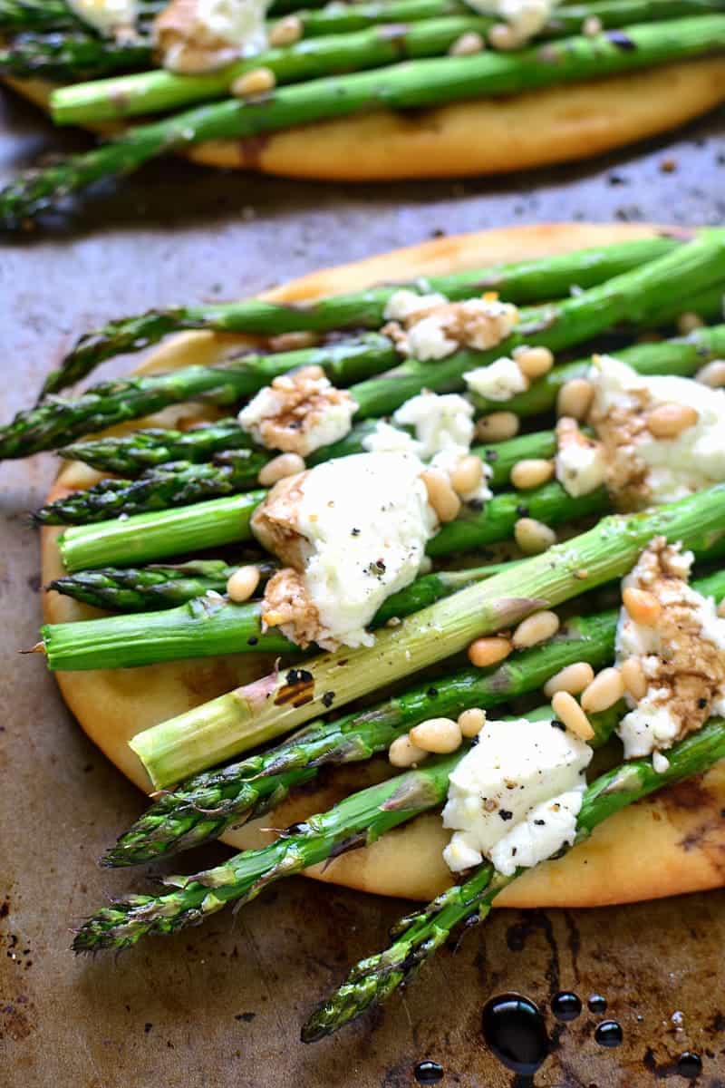 flatbread with grilled asparagus, goat cheese, and pine nuts