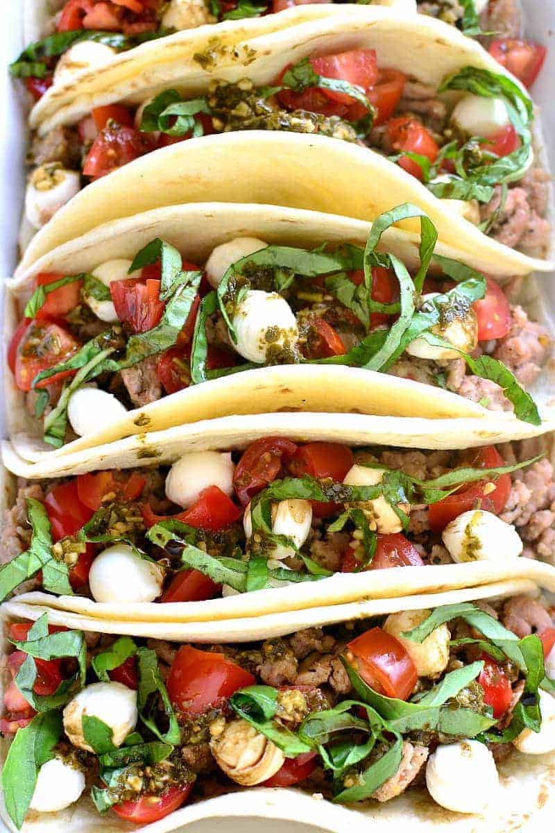 overhead image showing the inside of Italian Caprese Tacos