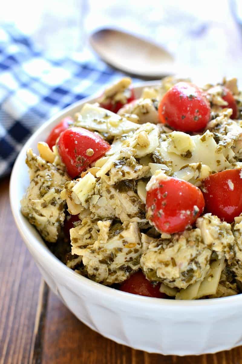 a bowl full of Pesto Chicken Salad