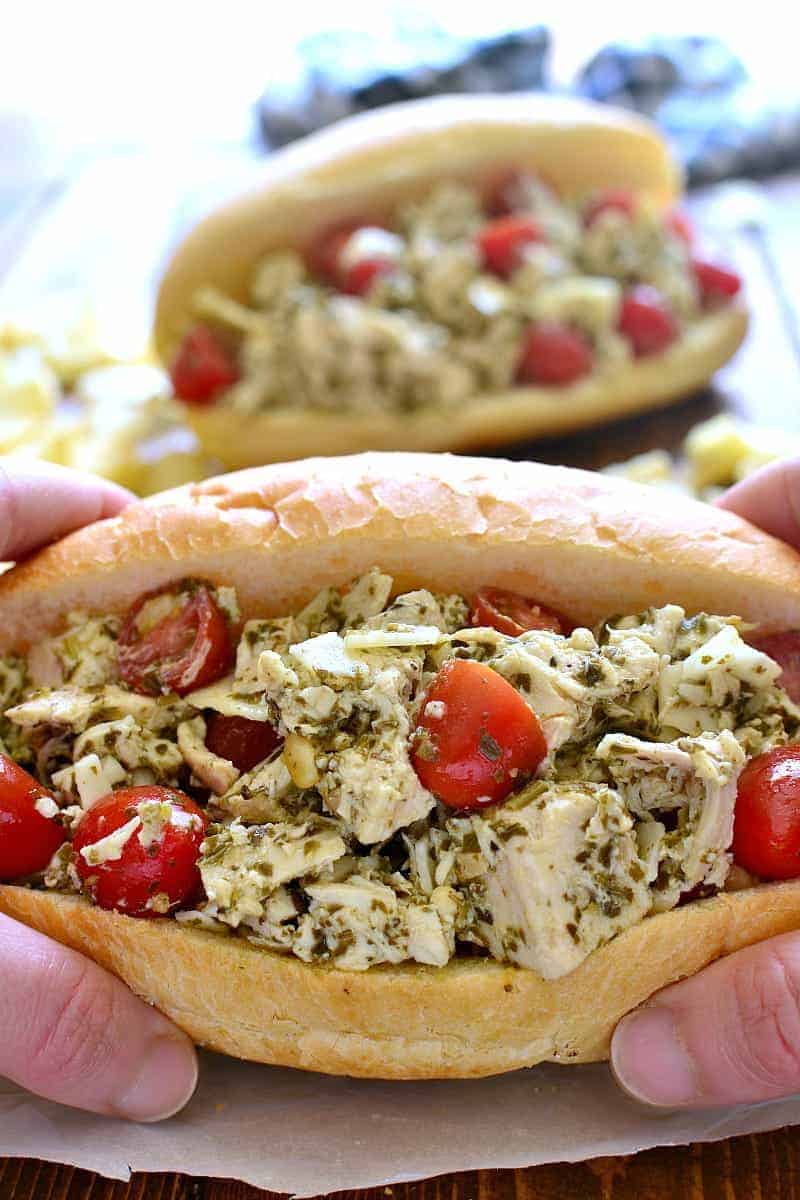 Pesto Chicken Salad tucked into a French bread roll