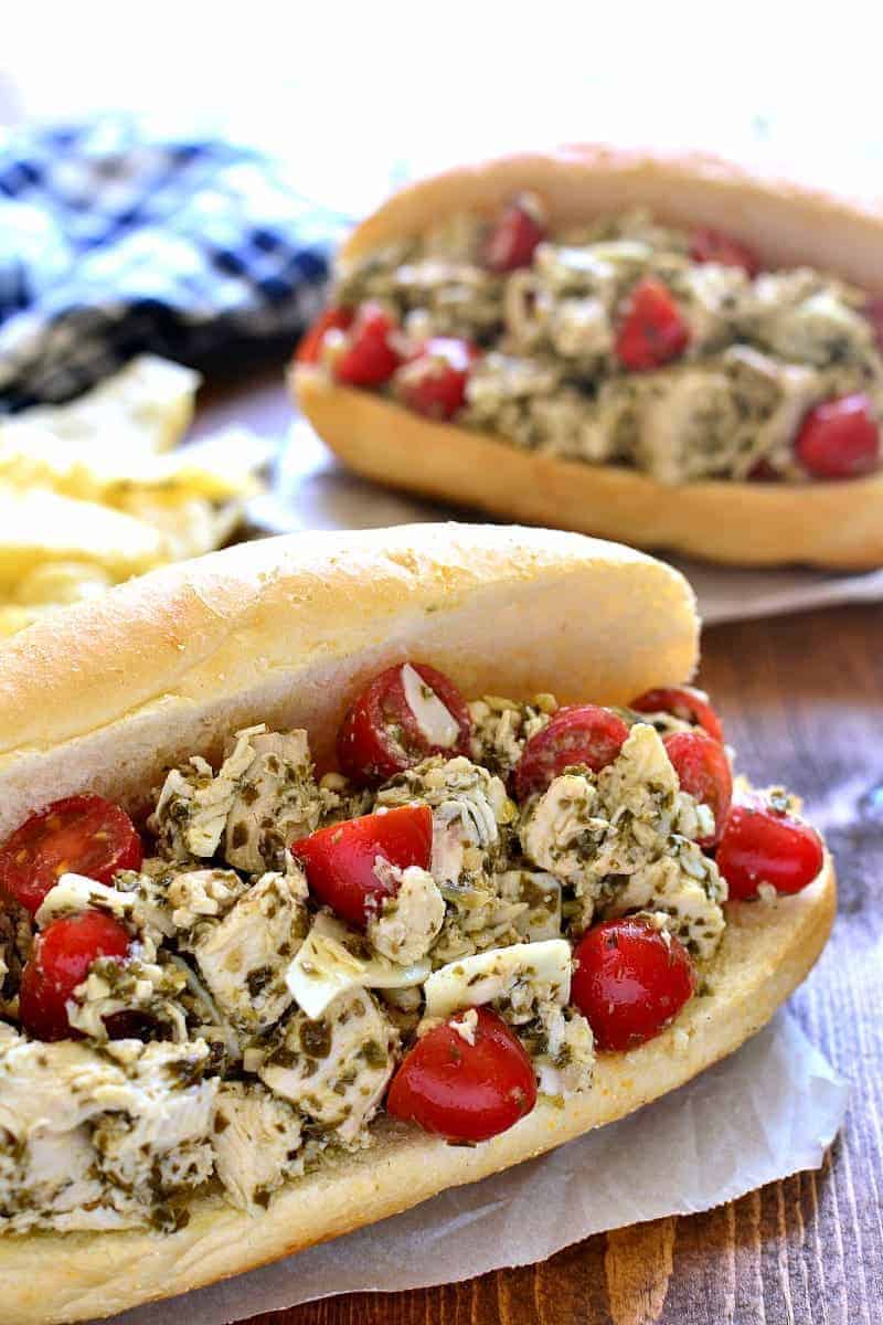 Pesto Chicken Salad Sandwiches on hoagie buns