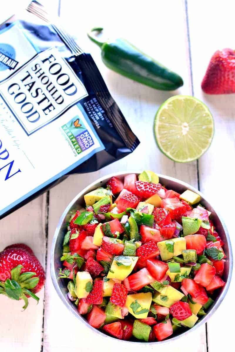 This Strawberry Avocado Salsa is a delicious twist on a favorite! Loaded with fresh strawberries, avocado, jalapeño, and cilantro, it's the perfect summer appetizer! 
