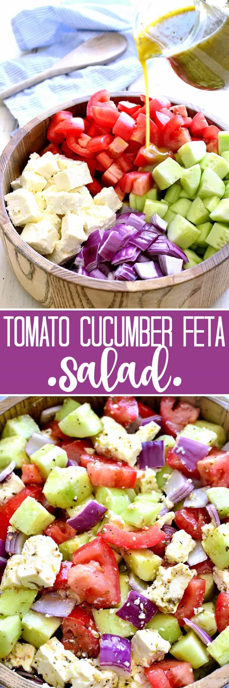 This Tomato, Cucumber & Feta Salad is fresh, flavorful, and SO delicious! It comes together quickly with just a handful of ingredients and is one of our favorite go-to salads for summer!