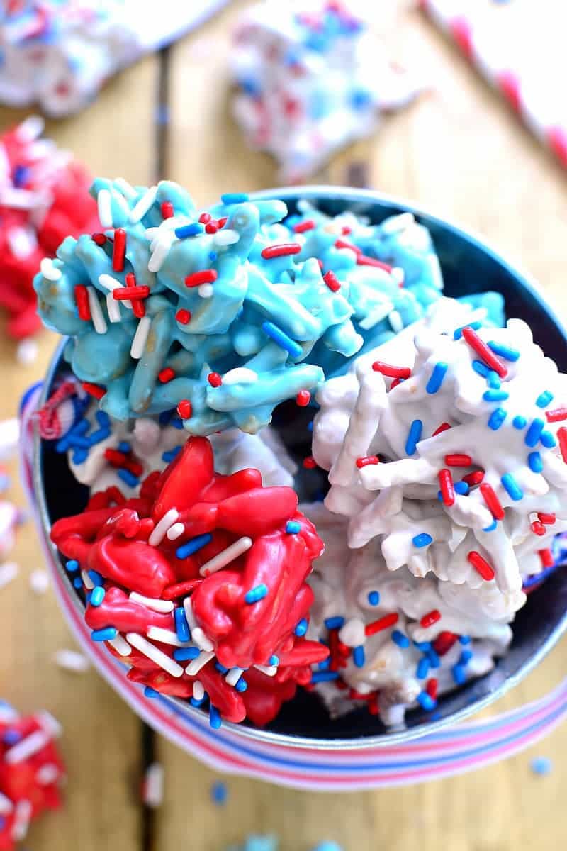 These Red, White & Blue Fireworks Treats are a little bit salty, a little bit sweet, and a whole lot of fun for 4th of July!