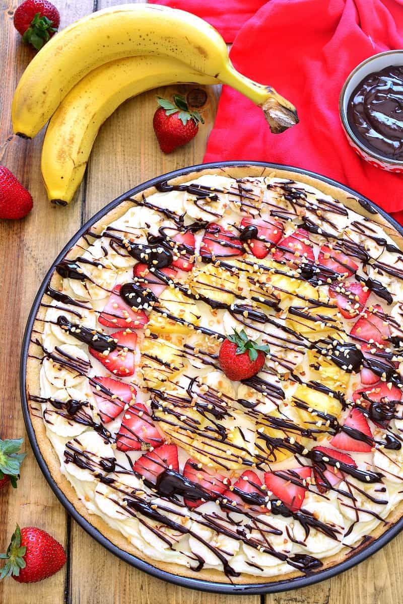 This Banana Split Fruit Pizza combines two favorites in one delicious dessert that's easy to prepare and sure to be a hit!