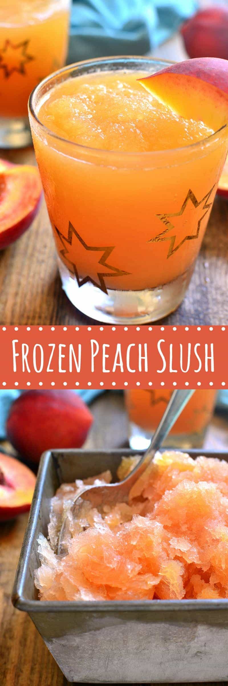 This Frozen Peach Slush is a delicious blend of citrus, peach tea, peach schnapps, and brandy...topped off with your favorite sparkling soda! Perfect for parties, special occasions, or lazy summer days. The perfect drink for summer!