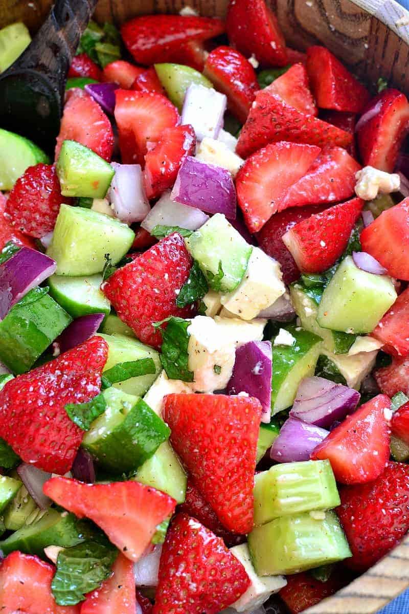 This Strawberry Cucumber Salad combines fresh strawberries and cucumbers with feta cheese and fresh mint, all tossed in a light lemony vinaigrette. An explosion of flavor (and crunch) in every bite!