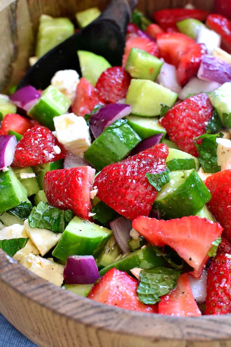 This Strawberry Cucumber Salad combines fresh strawberries and cucumbers with feta cheese and fresh mint, all tossed in a light lemony vinaigrette. An explosion of flavor (and crunch) in every bite!