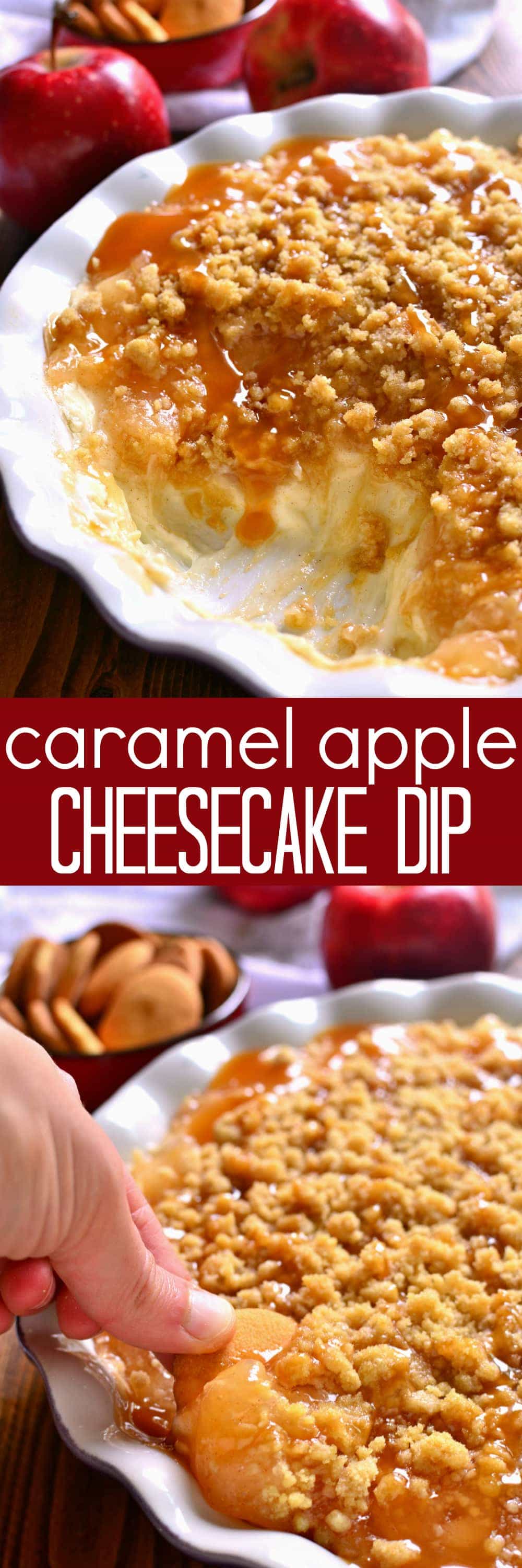 This Baked Caramel Apple Cheesecake Dip is ooey, gooey, and perfect for fall! Enjoy it with graham crackers, vanilla wafers, or any of your favorite dippers. Sure to be a new family favorite!