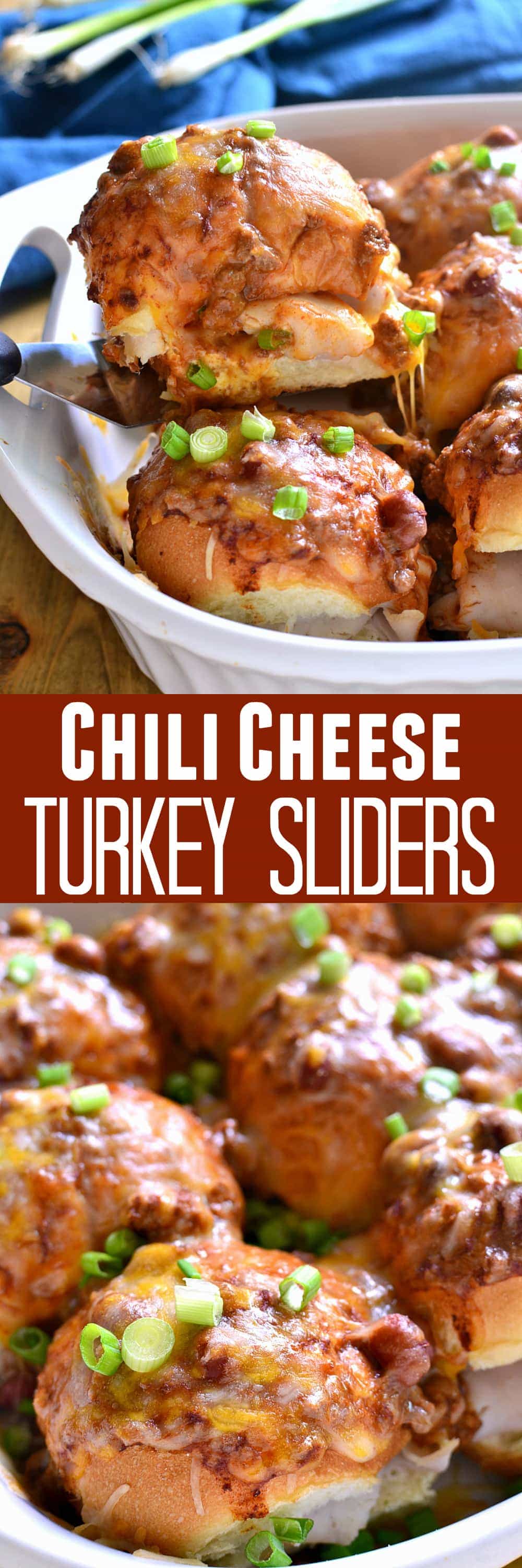 These Chili Cheese Turkey Sliders are packed with turkey and two kinds of cheese, then smothered in chili, cheese, and green onions. Perfect for game day or a quick & easy {make-ahead} weeknight dinner!