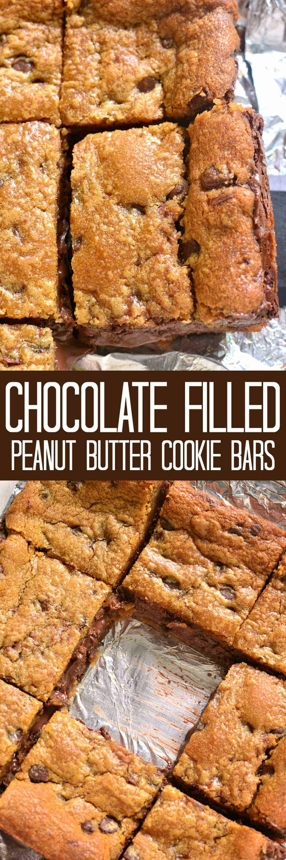 2-ingredient Chocolate Filled Peanut Butter Cookie Bars. Oven ready in under 5 minutes, and SO delicious!