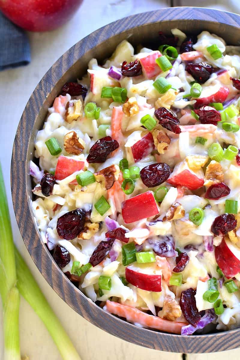 Apple Cranberry Coleslaw is the perfect way to mix things up for fall! Loaded with fresh apples, dried cranberries, chopped walnuts, and green onions, this coleslaw is crunchy, sweet, and so delicious!