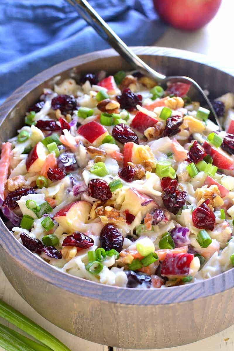 Apple Cranberry Coleslaw is the perfect way to mix things up for fall! Loaded with fresh apples, dried cranberries, chopped walnuts, and green onions, this coleslaw is crunchy, sweet, and so delicious!