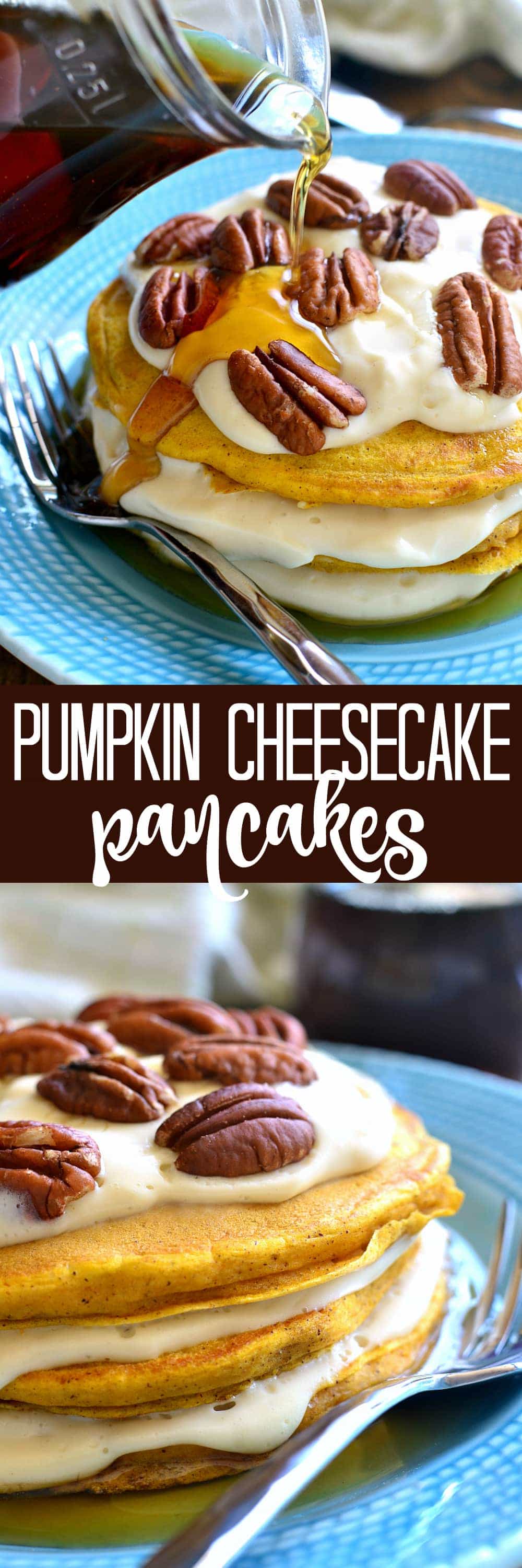 These Pumpkin Cheesecake Pancakes are sure to become your new favorite breakfast treat! Made with real pumpkin and layered with an easy no-bake maple cheesecake filling, they're sweet, flavorful, and perfect for fall!