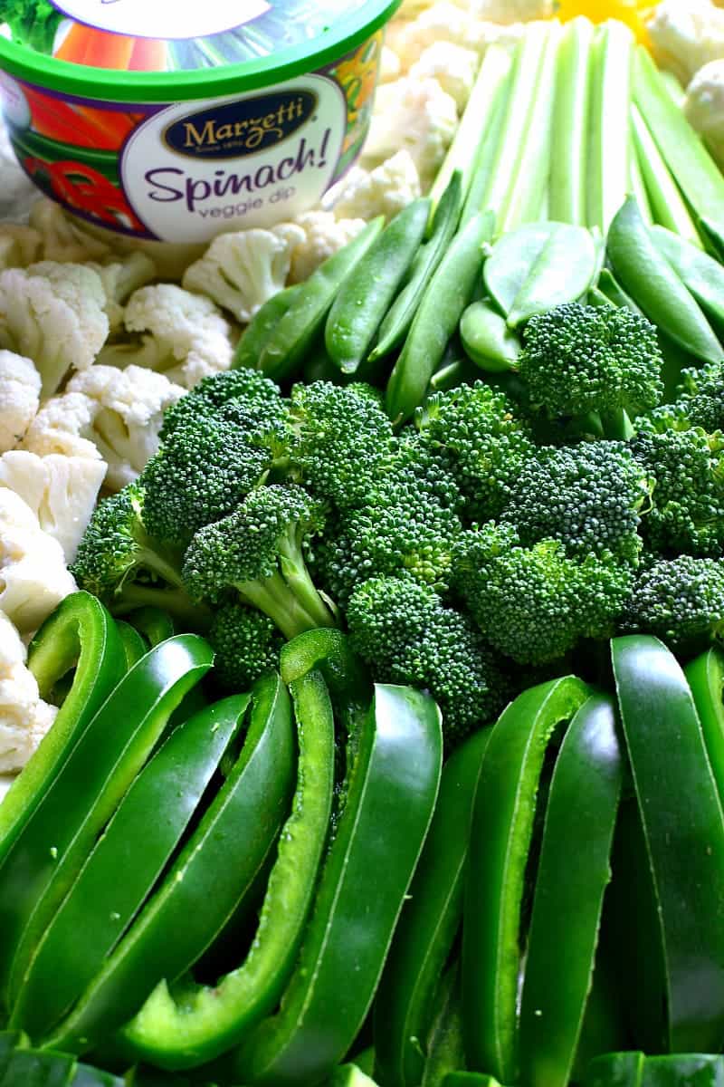 This Holiday Veggie Tray comes together quickly with just a handful of fresh vegetables and Marzetti Veggie Dips! Perfect for holiday parties and sure to be a hit!