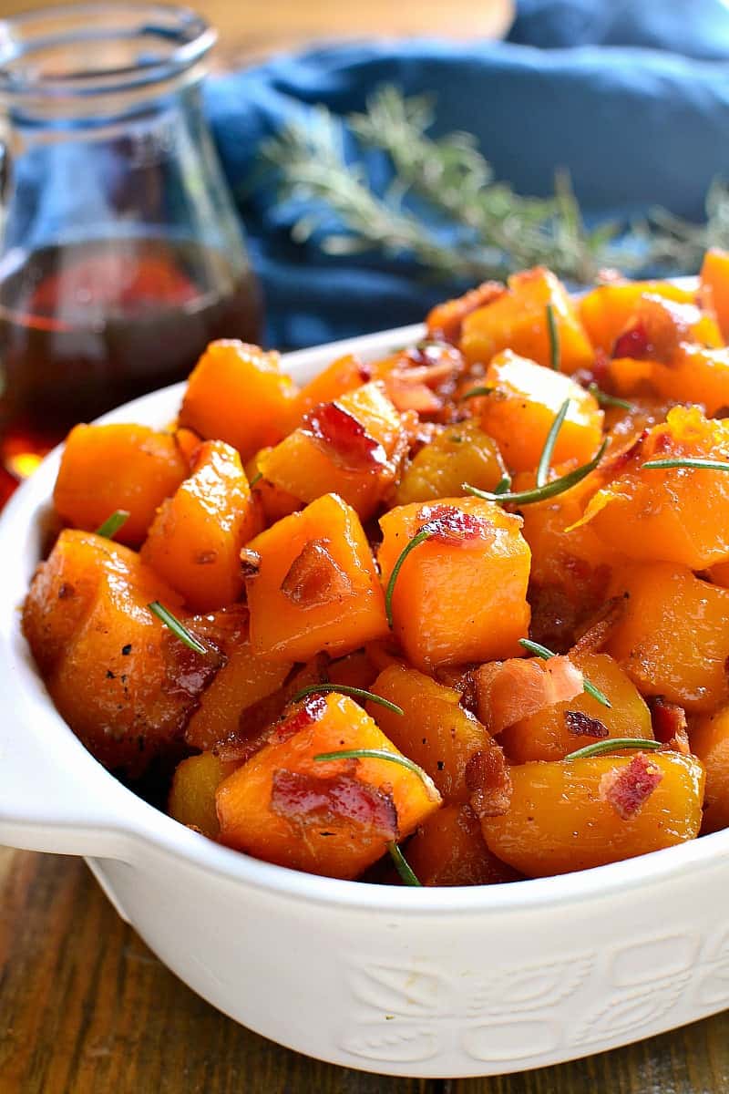 This Maple Bacon Roasted Butternut Squash is sweetened with real maple syrup and mixed with crispy bacon. The perfect addition to your holiday menu....guaranteed to become a new favorite!