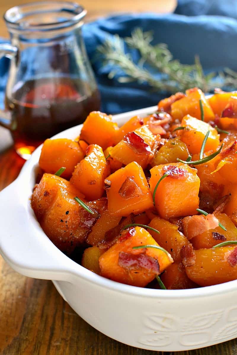 This Maple Bacon Roasted Butternut Squash is sweetened with real maple syrup and mixed with crispy bacon. The perfect addition to your holiday menu....guaranteed to become a new favorite!