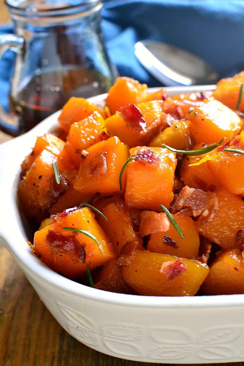 This Maple Bacon Roasted Butternut Squash is sweetened with real maple syrup and mixed with crispy bacon. The perfect addition to your holiday menu....guaranteed to become a new favorite!