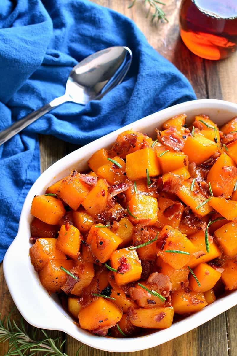 This Maple Bacon Roasted Butternut Squash is sweetened with real maple syrup and mixed with crispy bacon. The perfect addition to your holiday menu....guaranteed to become a new favorite!